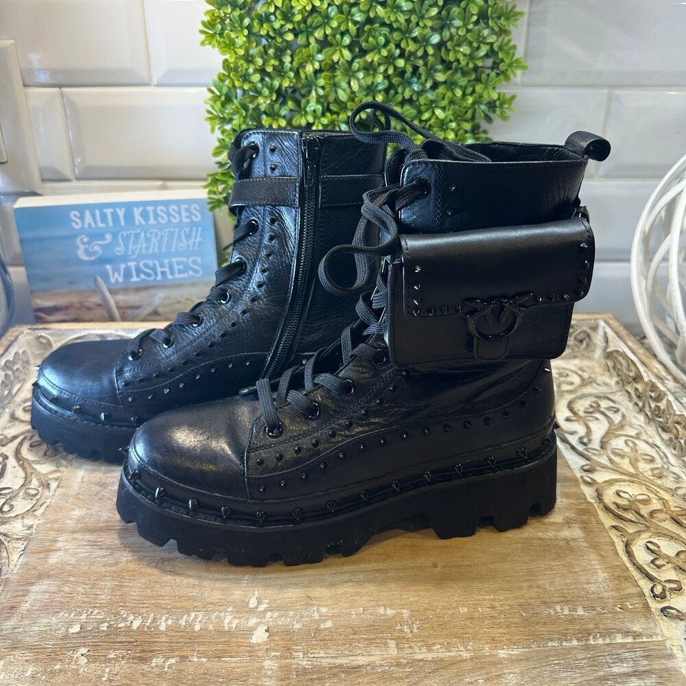 PINKO Combat Ankle Boots Women's Black Size 36 - Picture 2 of 11